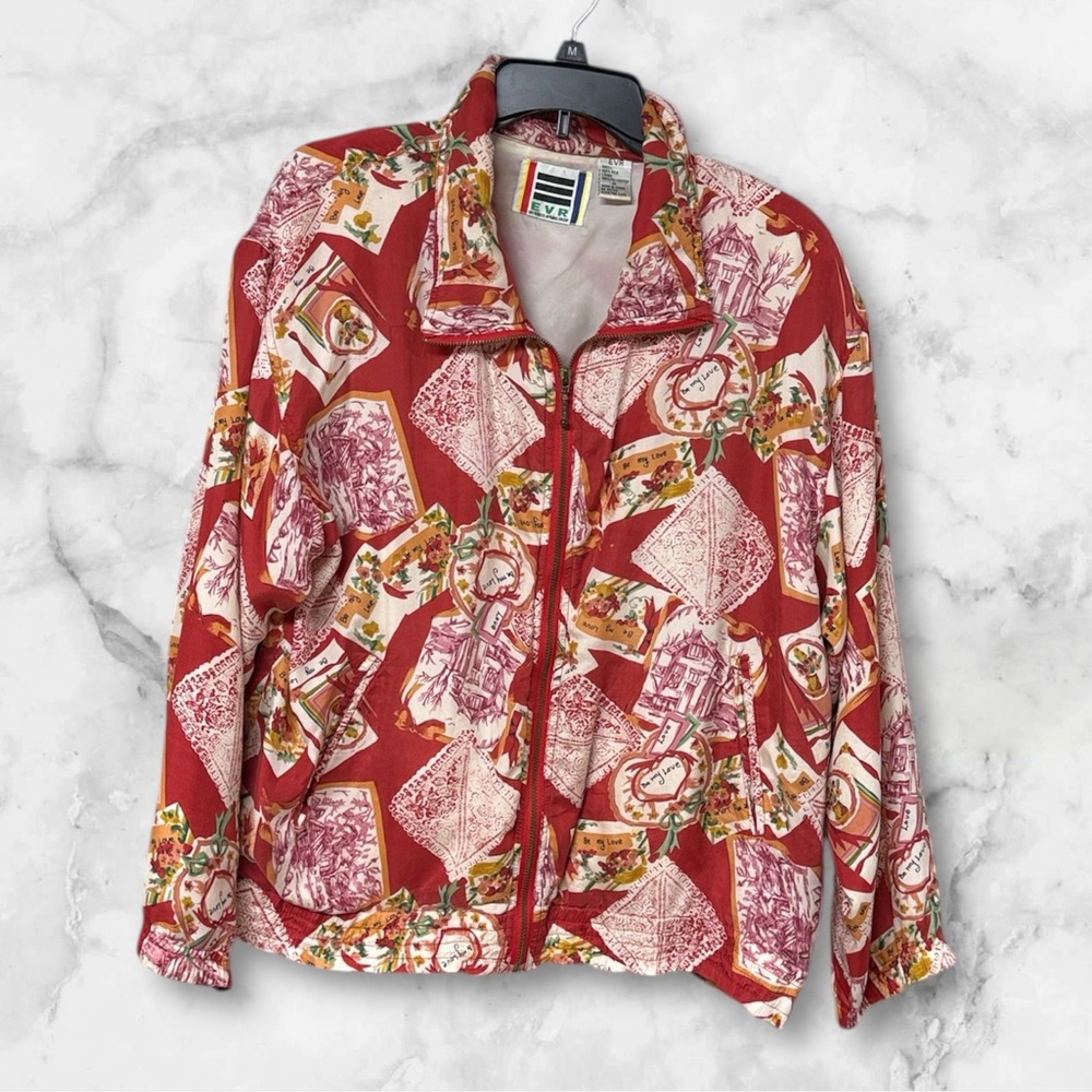 EVR Vintage Red Patterned post card print love theme silk Jacket size Medium